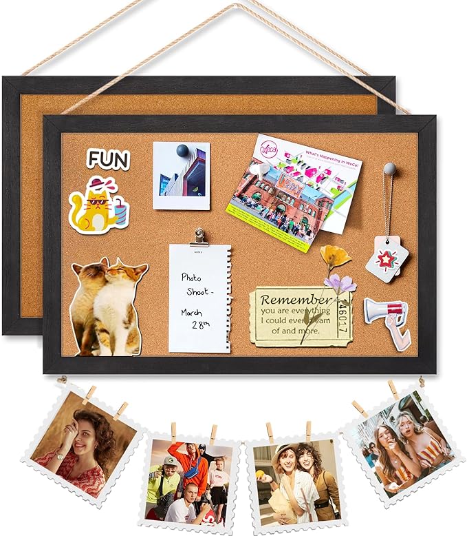 Miratino 2-Pack Cork Board Bulletin Board, 16x11 Inches Wooden Frame Pin Board, Cute Cork Boards for Walls Hanging for Office, Home Decor, School (Pins, Clips, Strings) Black