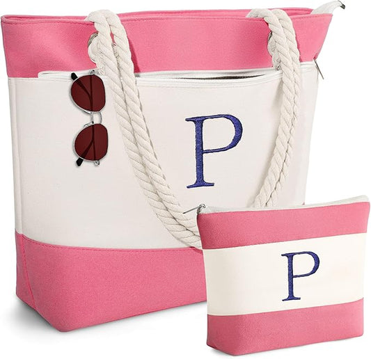 YOOLIFE Christmas Gifts for Women - Initial Canvas Tote Bag & Makeup Bag, Birthday Gifts for Women Mom Teacher Friend Sister