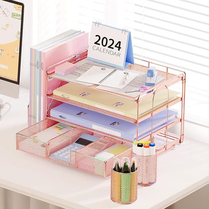Desk Accessories - Workspace Organizer with 2 Pen Holders, 4 Tier Paper Organizer (Rose Gold)