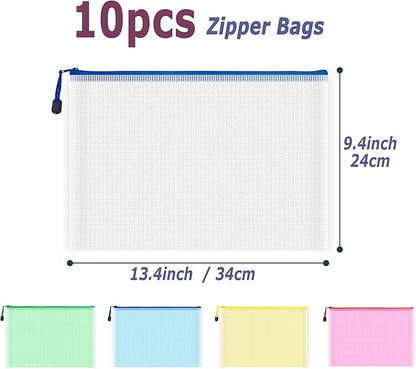 AUSTARK 10 Pcs Zipper File Bags, Waterproof Plastic Mesh Pouch for Office School, Board Game Storage Bags (A4 Size 13.4''x9.4'', Multicolored)