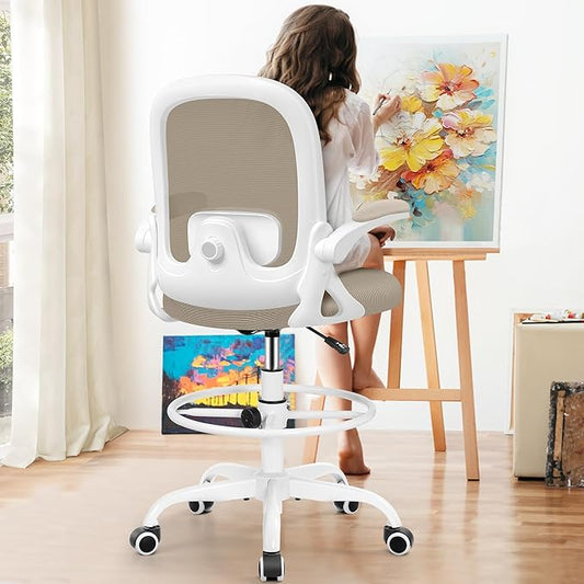 Drafting Chair, Tall Office Chair Ergonomic Standing Desk Chair,with Adjustable Footrest Ring, 3D Lumbar Support, Flip-up Armrests, Swivel Desk Stool for Drawing Working (Khaki)