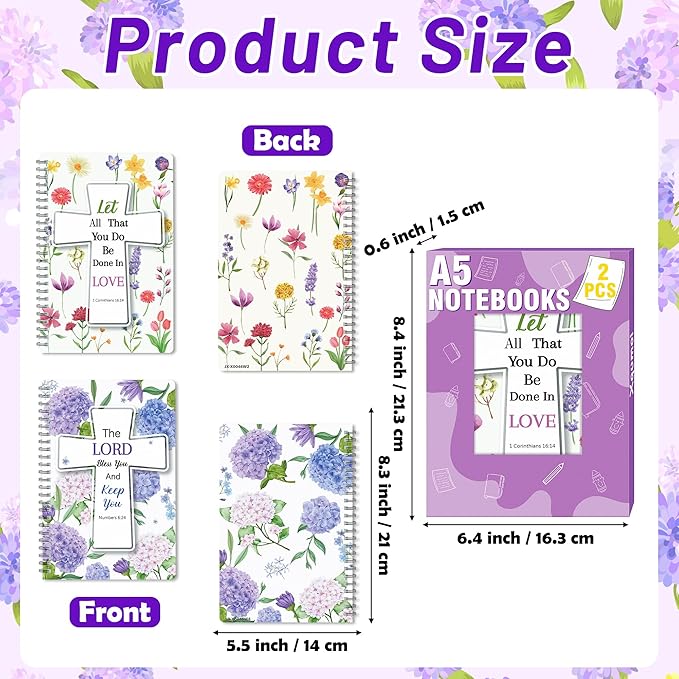 2Pack A5 Floral Cross Religious Spiral Notebooks - Bible Verses Writing Notebooks, Ruled Hardbound Lined Journal, Inspirational Christian Christmas Gift, Sunday School Supply (Purple & Yellow)
