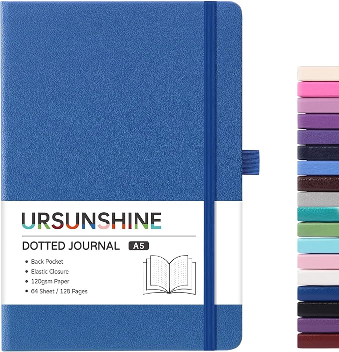 Dotted Journal/Notebook - Dot Grid Hard Cover Notebook, Premium Thick Paper with Fine Inner Pocket, Black Smooth Faux Leather, Pen Loop, 5.3'' x 8.26'' - Violet