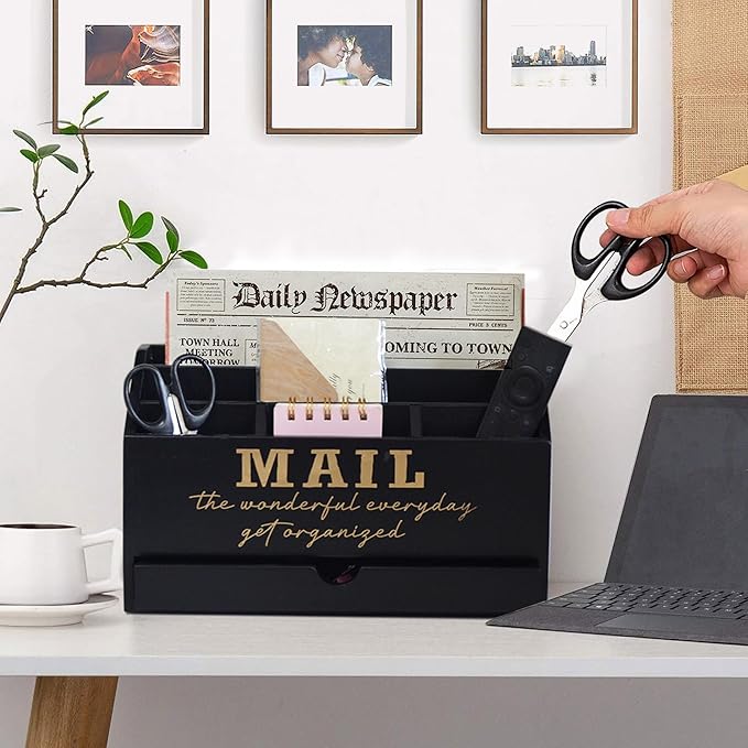 Wooden Black Rustic Countertop Mail Storage Holder with Drawer and Compartments - Office Desk Accessories and Workspace Organizers - Desktop Sorter for Pen Stationery Letter Files Documents