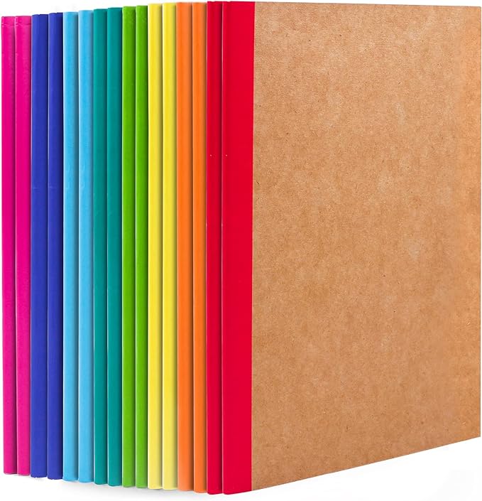 feela 16 Pack Composition Notebooks Bulk, Kraft Cover Lined Blank College Ruled Composition Travel Journals with Rainbow Spines For Women Students Business, 60 Pages, 8.3”x 5.5”, A5, 8 Colors
