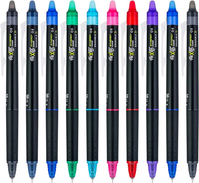 Pilot, FriXion Synergy Clicker Erasable, Refillable, Retractable Gel Ink Pens, Extra Fine Point 0.5 mm, Pack of 10, Assorted Colors