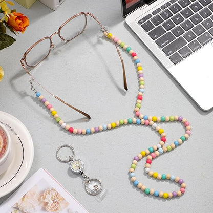 BESARME Teacher Lanyard with ID Holder Colorful Cute Wooden Beaded Lanyards for ID Badge Holders Retractable Badge Reel Keys Eyeglass Chains for Women