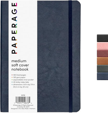 PAPERAGE Softcover Lined Journal Notebook (Navy), 160 Pages, Medium College Ruled Notebook, 5.6 inches x 7.9 inches - 100 GSM Thick Premium Paper, Soft Vegan Leather Journal for Home, Work & School