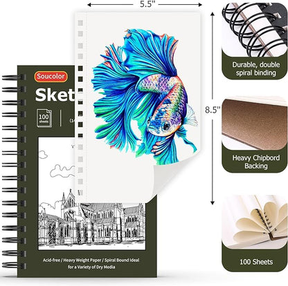 Soucolor 5.5" x 8.5" Sketchbook Pack of 2, 200 Sheets Sketch Book, Spiral Bound Sketch Pad Drawing Book Acid-Free Paper (68lb/100gsm), Painting Sketching Drawing Art Supplies for Adults Kids Teens