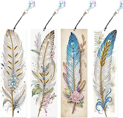 4-Piece 5D Diamond Painting Bookmarks Set, DIY Craft Kit with Rhinestones – Elegant Vintage Style Feather Design, Perfect for Book Lovers Adults, Unique Diamond Art Craft Bookmarks with Tassels