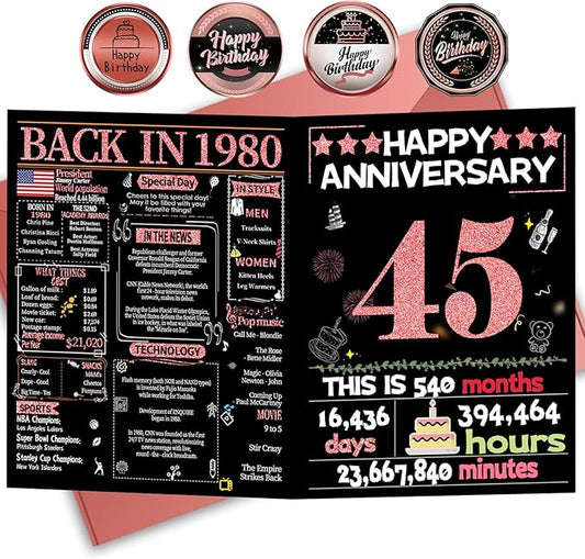 Joycard 45th Anniversary Card for Women, Sapphire Wedding Card for Wife, Sweet Marriage Decorations Gifts for Couple, Perfect for Her on Anniversary Day, Back in 1980