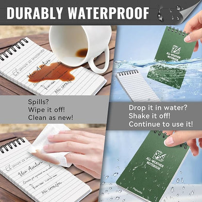 POPYOLA 6 Pack Waterproof Pocket Notebook, 3x5 Pocket Notepad, All Weather Mini Spiral Notepad, Write in the Rain Police Notepad with 100 Squared Pages for Outdoor Home Office School, Green