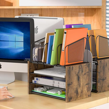 4-Tier Desk Organizer, Desk File Organizer with 5 Vertical File Holders, Office Desktop Organizer with 3 Level Paper Organizer Letter Tray, Wooden Desk Organizers and Accessories for Home Office