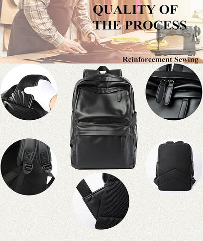 Black Leather Backpack, Large Capacity Carry On Back Pack Fits 15.6'' Laptop, Water-Resistant Overnight Rucksack for Travel Hiking Business Work PU Backpack