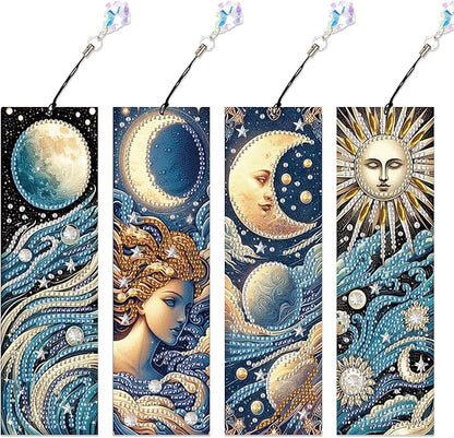 4-Piece Diamond Painting Bookmarks Set for Adults – Sun, Moon, and Waves Design DIY 5D Rhinestone Diamond Art Bookmark Kits with Tassels, Beautiful Diamond Art Bookmarks for Crafts Gifts