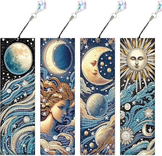 4-Piece Diamond Painting Bookmarks Set for Adults – Sun, Moon, and Waves Design DIY 5D Rhinestone Diamond Art Bookmark Kits with Tassels, Beautiful Diamond Art Bookmarks for Crafts Gifts