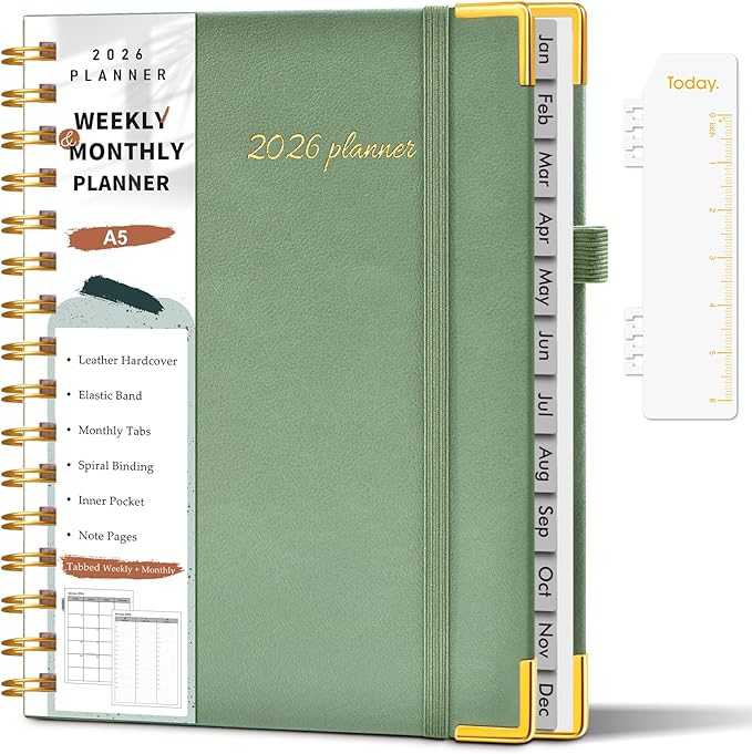 2026 Planner, Weekly and Monthly Calendar Planner from January 2026 - December 2026, 5.75" x 8.38" Hardcover Leather Hourly Appointment Book with Tabs, A5 Spiral Daily Planners for College School Work Home, Green