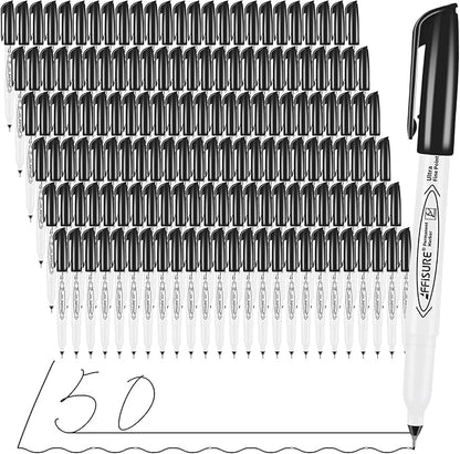 Permanent Markers, Ultra Fine Point, Black, 150 Count, 0.4mm, Fine tip permanent marker set, quick dry, waterproof, fading resists, durable, marks on paper, glass, ceramic, plastic, wood, rock, metal