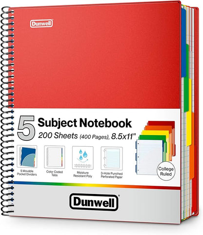 Dunwell 5-Subject Spiral Notebook, College Ruled (Red), Colorful Movable Pocket Dividers with Tabs, Front/Back Plastic Covers, 200 Sheets (400 Pages) of 3-Hole Punch Perforated 8.5x11 Paper