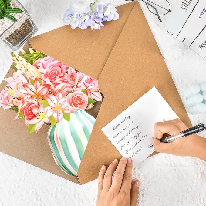 NESCCI Pop Up Cards,Pink Roses&Lilies,12 Inch Forever Flower Bouquet 3D Popup Greeting Cards With Blank Note Card and Envelope,Perfect For Birthday, Christmas, Thanksgiving Day,Mother's Day Gifts