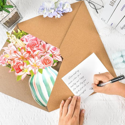 NESCCI Pop Up Cards,Pink Roses&Lilies,12 Inch Forever Flower Bouquet 3D Popup Greeting Cards With Blank Note Card and Envelope,Perfect For Birthday, Christmas, Thanksgiving Day,Mother's Day Gifts