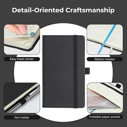 Weekly Monthly 2026 Planner (Jan.26-Dec.26),6.5"x3.75",12 Months Agenda Plan with Month Tabs & Pocket,Expenses/Note Pages, Appointment Book Calendar with Hardcover Vegan Leather Cover,Black