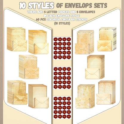 TaoBary 160 Packs Stationery Paper Set (50 Double Sided Stationery Writing Papers 50 Matching Envelopes) 60 Round Dot Sticker, 10 Design(Light Vintage,8.5 x 11 Inch)