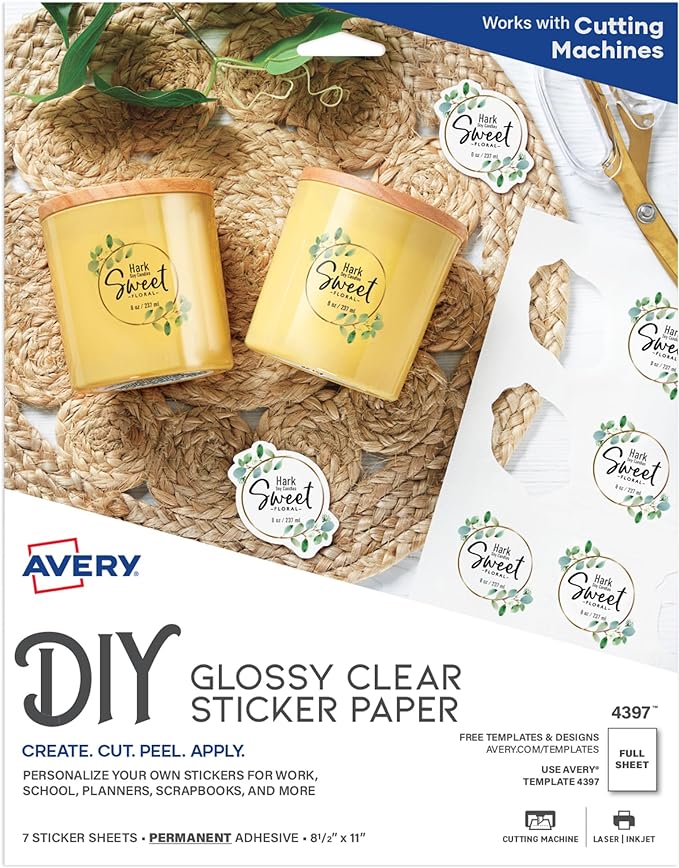 Avery Printable Sticker Paper, 8.5" x 11", Laser & Inkjet Printers, Glossy Clear, 7 Sticker Sheets (4397)