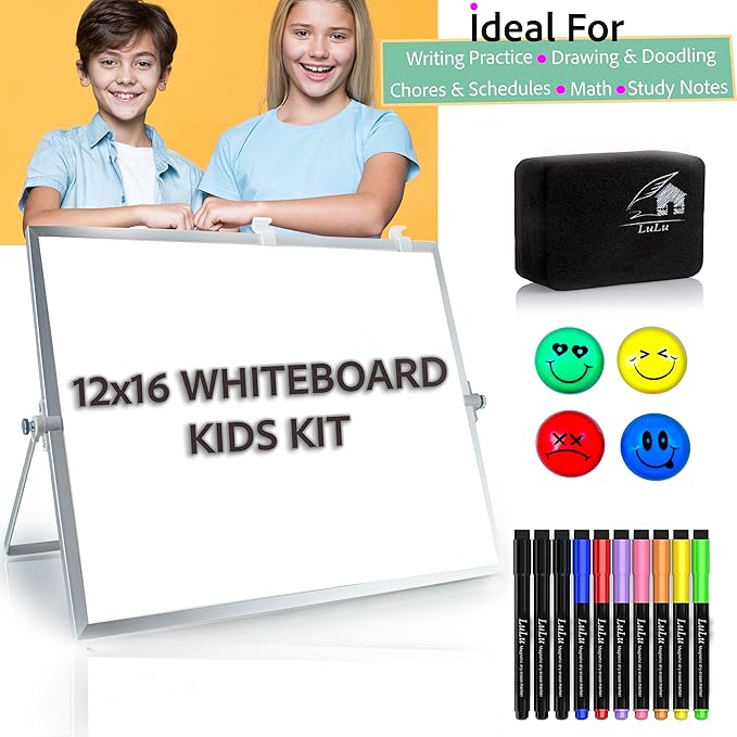 Dry Erase White Board for Kids, 16inX12in Large Magnetic Desktop Whiteboard with Stand Wall Hanger, 10 Markers, 4 Magnets, 1 Eraser, Portable Double-Sided Easel for Kids to Do List Desk Board