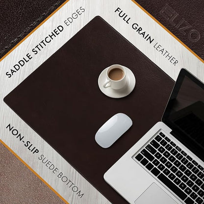 Elizo Leather Desk Mat Desk Pad Blotter Set - Real Full-Grain Leather (32x16) 2-Layer Genuine Desk Cover Protector & Large Mouse Pad | Computer Keyboard Desk Accessories for Office & Home Java