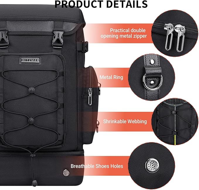 WITZMAN Travel Backpack for Men Women Carry on Bags for Airline Approved Convertible Duffle Luggage Backpack Shoe Compartment（B691 Classic Black）