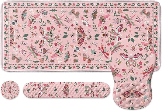 iLeadon Pink Large Desk Mat for Keyboard and Mouse,Ergonomic Massage Wrist Rest Set for Computer Keyboard,Big Flora Mouse Pad XXL+Cup Coaster with Non-Slip Base for Women Home Office,Pink Insect