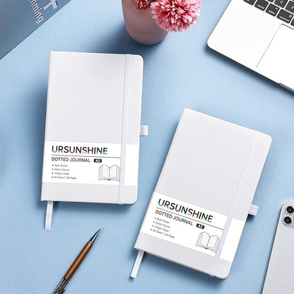 Dotted Journal/Notebook - Dot Grid Hard Cover Notebook, Premium Thick Paper with Fine Inner Pocket, Black Smooth Faux Leather, Pen Loop, 5.3'' x 8.26'' - White