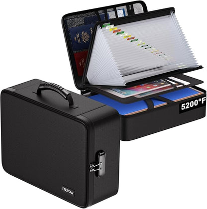ENGPOW Fireproof Document Box with Lock,5200℉ Soft Case Fireproof Box with 25 Pocket Accordion File Folder,Multi-Layer Fireproof Water Resistant Safe Box File Organizer for Important Documents,Laptop