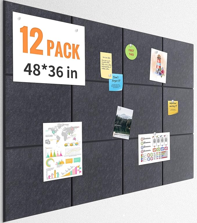 Smarpau Felt Bulletin Board 12 Pack Cork Boards for Walls 48"x36" Dark Gray Bulletin Board Cork Felt Board for Office Pin Tack Board for Home School