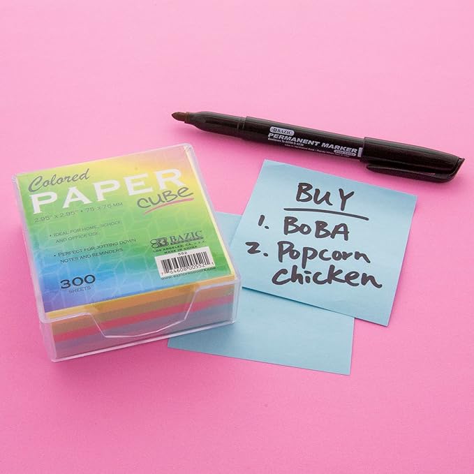 BAZIC Color Paper Cube w/Durable Tray, 3" X 3" 300 Count/Pack, Mini Memo Papers Pads Note Paper Reminders (Non Sticky), Assorted Colors, 2-Pack