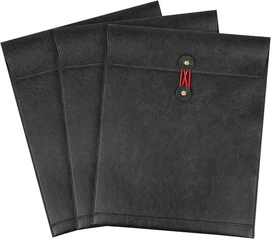 Black A4 PU Leather File Folders for Documents,Important Private File Organizer with String Tie Closure,Laptop Sleeve Notebook Case,Leather Portfolio Binder Envelopes, Filing Folder 3PCS