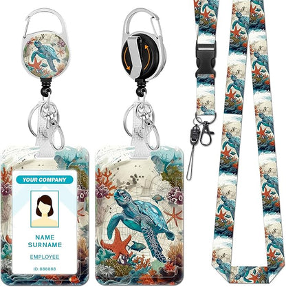 Lanyards for Id Badges, Sea Turtle Badge Holder with Retractable Reel Clip, Work Name Tags Keychain Lanyard ID Card Protector Cover Case for Women Teacher Nurse Nursing Doctor Office