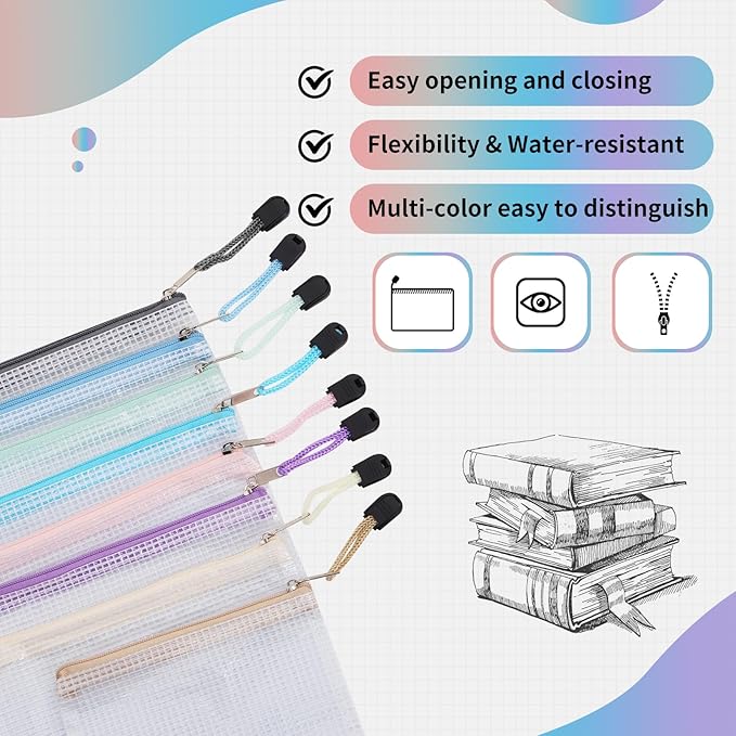 EOOUT 24pcs Mesh Zipper Pouch, Waterproof Zipper Bags, 8 Sizes Plastic Travel Pouch, 8 Colors, Multipurpose for Office Supplies and Travel Storage