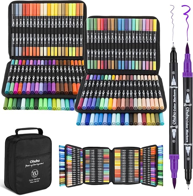 Ohuhu Markers: 160 Colors Brush Pens Dual Brush Fine Tip Drawing Pens Water-Based Coloring Markers for Calligraphy Bullet Journal with Carrying Case - Maui - Black