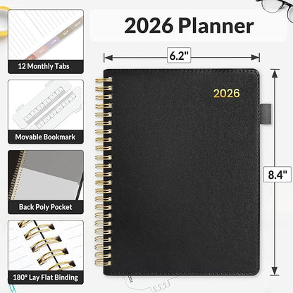 SUNEE 2026 Weekly & Monthly Planner 6.4"x8.5"- 12 Month (January 2026 - December 2026), Vegan Leather Cover, Pocket, Bookmark, Notes, Monthly Tab, Black