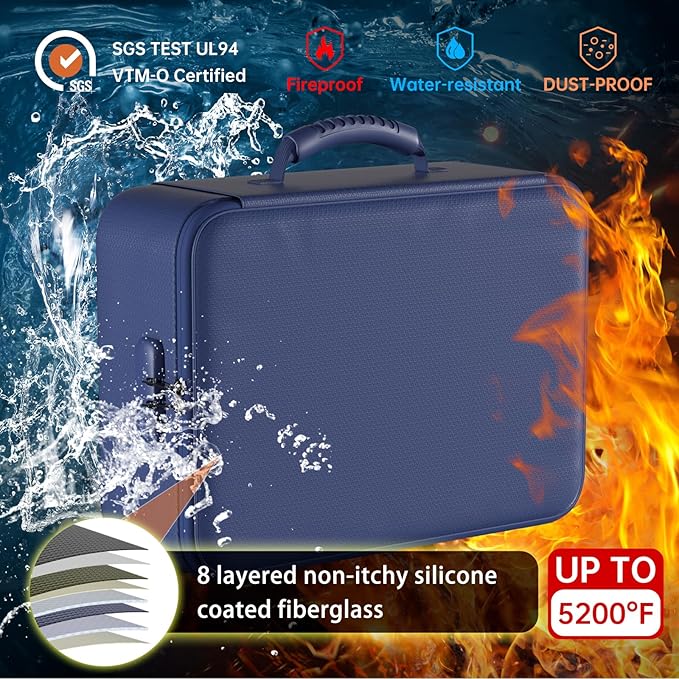 DocSafe 5200°F Document Organizer with Lock,Upgraded Heat Insulated Fireproof＆Waterproof Box 8 Layers File Organizer,Portable Home Travel Safe Storage for Important Documents, Files,Blue (Soft)