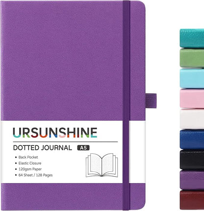 Dotted Journal/Notebook - Dot Grid Hard Cover Notebook, Premium Thick Paper with Fine Inner Pocket, Black Smooth Faux Leather, Pen Loop, 5.3'' x 8.26'' - Purple