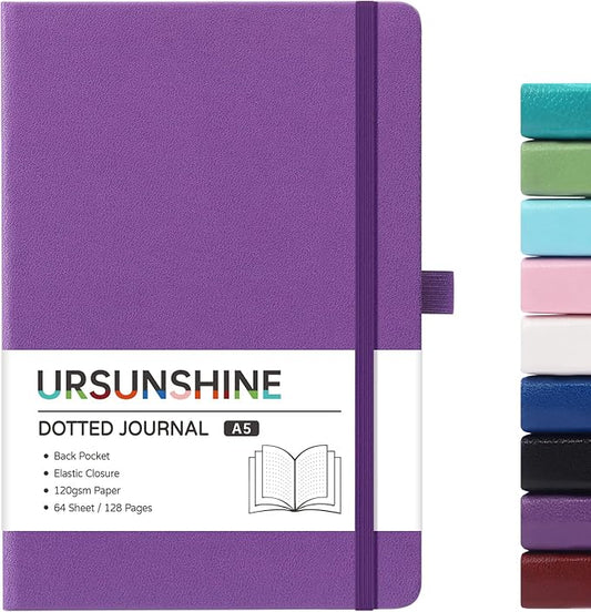 Dotted Journal/Notebook - Dot Grid Hard Cover Notebook, Premium Thick Paper with Fine Inner Pocket, Black Smooth Faux Leather, Pen Loop, 5.3'' x 8.26'' - Purple