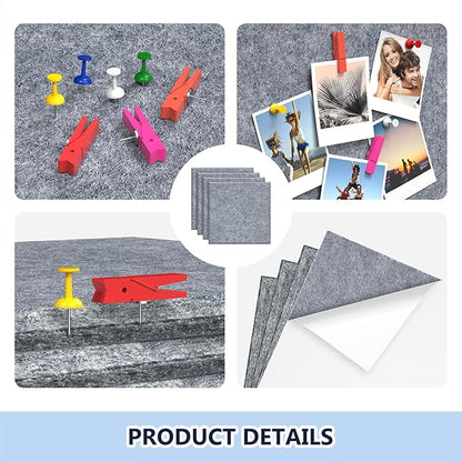 4 Pack Cork Board Tiles 12x12 Inches, 1/2" Thick Felt Cork Squares with 30 Push Pins, Bulletin Board Pin Board, Adhesive Cork Board for for Wall for Home, Office, and Kitchen (Gray)