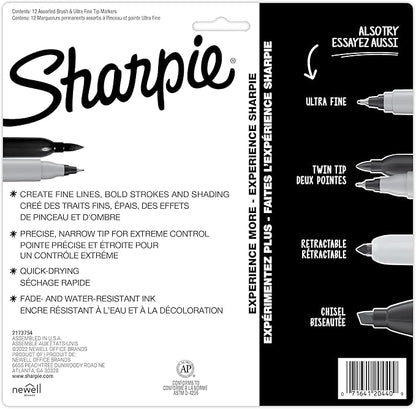 Sharpie Brush Twin Permanent Markers, Brush Tip Marker and Ultra Fine Tip Marker, Assorted, 12 Count