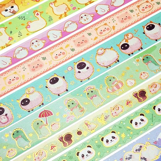 Cute Pets Washi Tape Set 13 Rolls Wide Gold Embellishment Decorative Masking Tapes for Arts, DIY Crafts, Journals, Planners, Scrapbook, Wrapping (Animal Kindergarten), 10/15/20/25mm