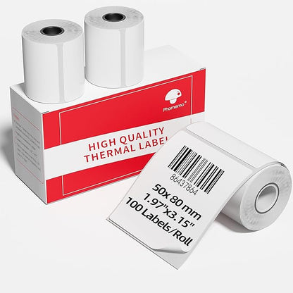 Thermal Sticker Labels Compatible with Phomemo M110/M220/M221/M120/M200/M110S Label Makers, 1.97"x3.15"(50mm*80mm), Thermal Paper for Bussiness/Design/Barcode,Black on White,100 Labels/Roll