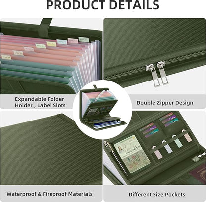 Fireproof Accordion File Organizer, Portable Expanding File Folder with Waterproof Zipper&Labels, Green Document Organizer with 13 Pockets, File Organizer for Important Document/Paper Storage