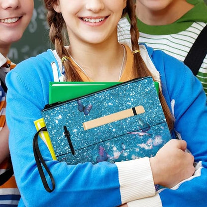 COEQINE Bling Butterfly Book Sleeve for Book Lovers Teens Girls Blue Covers Pouch for Paperbacks with Zipper Front Pocket Chain